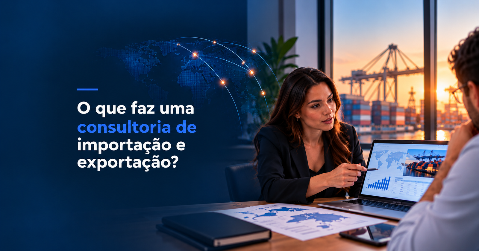 consultora mostrando estrategia da assessoria de importacao e exportacao ao cliente